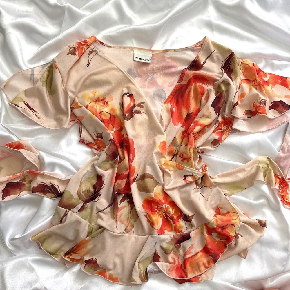 Fashion Bug Floral Wrap Top Peach Orange Watercolor Ruffle Flutter Sleeve Blouse